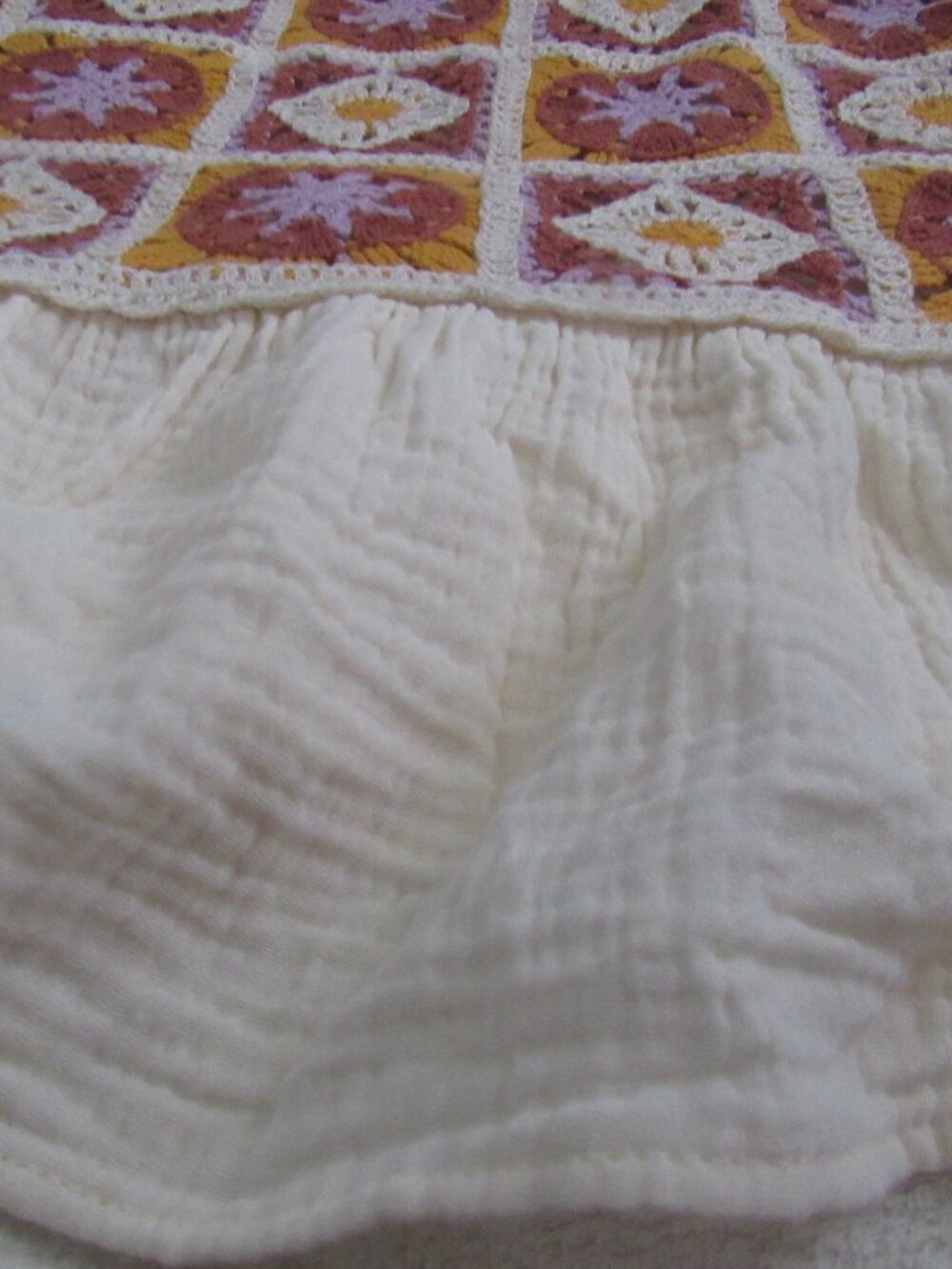 Cato Fashion Top Multi Color Crochet Patchwork Cream Color Gauze Bottom 26-28W - Picture 3 of 5